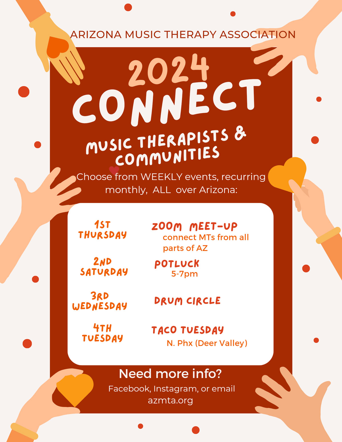 2024 Connect | 1st Thursday - ZOOM MEET-UP - connect MTs from all parts of AZ | 2nd Saturday - POTLUCK - 5-7pm | 3rd Wednesday - DRUM CIRCLE | 4th Tuesday - TACO TUESDAY - N. Phx (Deer Valley) | Need more info? Facebook, Instagram, or email azmta.org